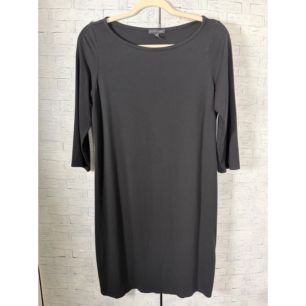 Eileen Fisher Dress mini Black 3/4 Sleeve Shift minimalist Whitchy goth